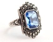 Vintage Genuine Art Deco Sterling Silver Ring -  Size 6 1/4 Blue Glass Stone & Marcasite Costume Jewelry / Signed Uncas
