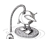 4x6 Print of Robot Bird Pen & Ink Illustration - Quirky Robot Art - Hilda Said Hello To a Herring - Black and White