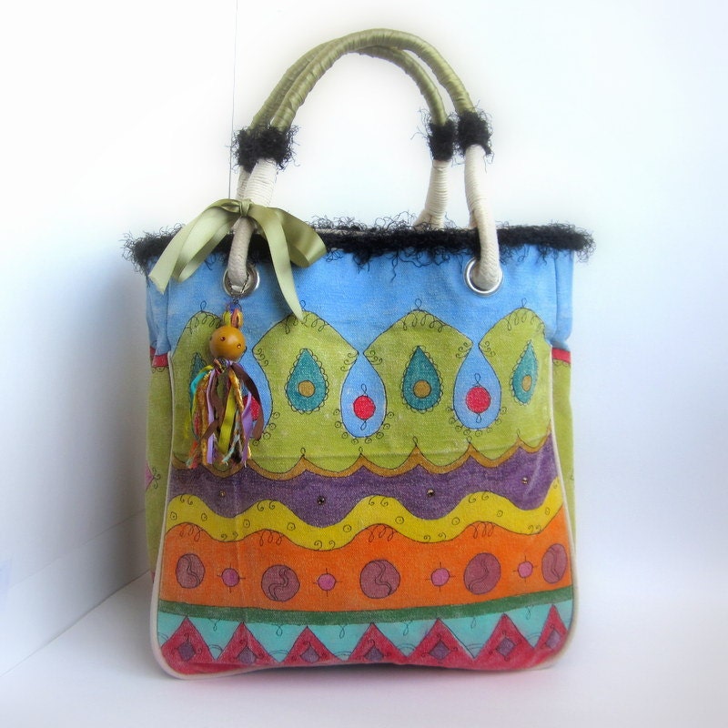 Tote Bag Handpainted Tote Boho OOAK Tote Bohemian Tote Multicolor Wearable Art Embellished Tote Mixed Media Decorated Tote Summer Fashion