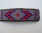 Native American Wetlands Style Beaded Barrette Hair Clip on Brown Leather