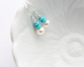 Turquoise blue and pearl dangle earrings freshwater pearl sterling silver genuine natural turquoise