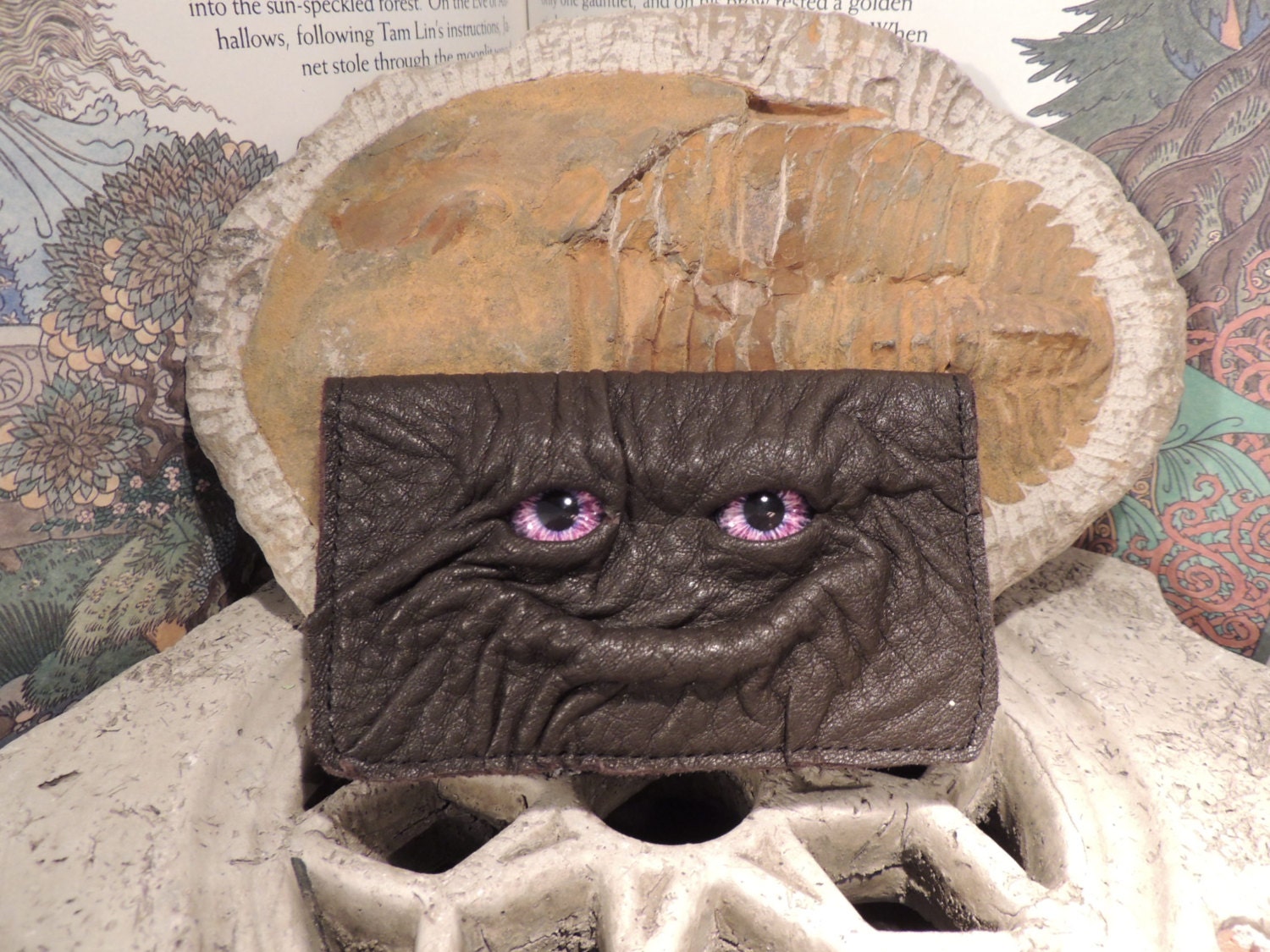 Leather Business Card Holder / small wallet (Purple eyes in Brown leather)