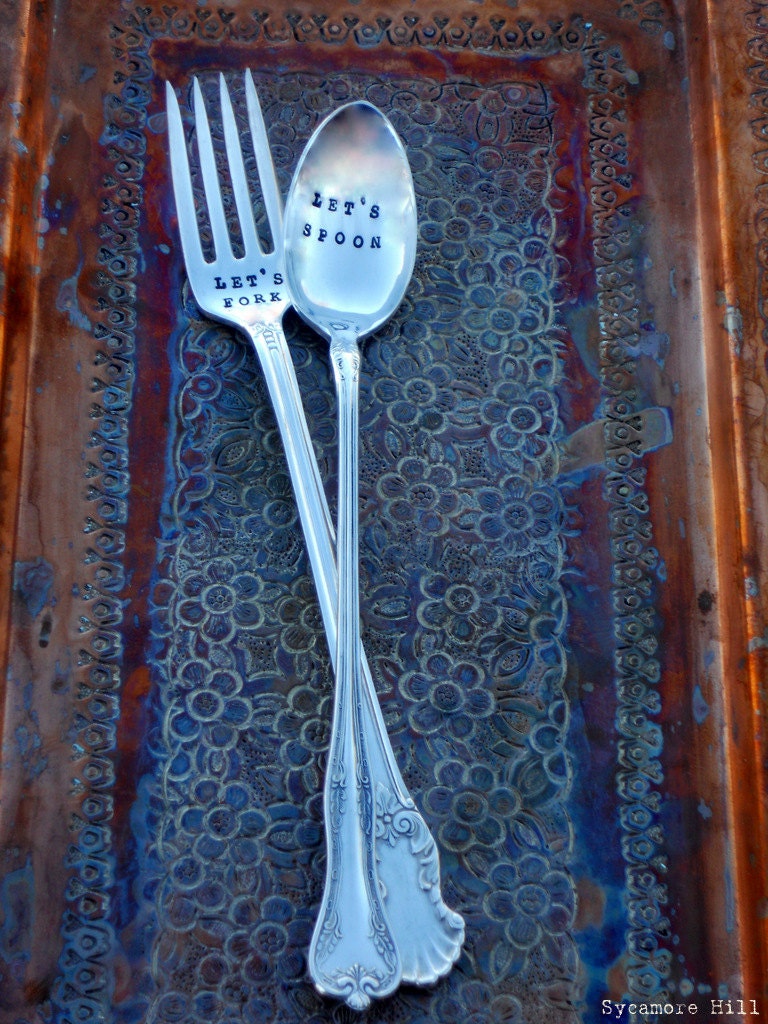 Let's Spoon - Let's Fork (TM) - Hanstamped Cocktail Set - Organically Upcycled Vintage Silverware by Sycamore Hill