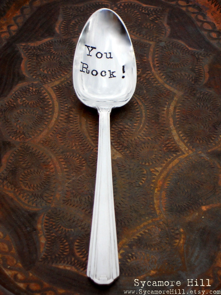 YOU ROCK  - The Original Hand Stamped Vintage Coffee Teaspoon Spoon -  by Sycamore Hill