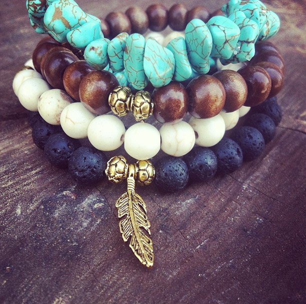FEATHER-Set of 4 Stretch stackable beaded bracelets in White,Turquoise,Black and Brown/Boho chic/Indie/southwestern/Bohemian/Gypsy