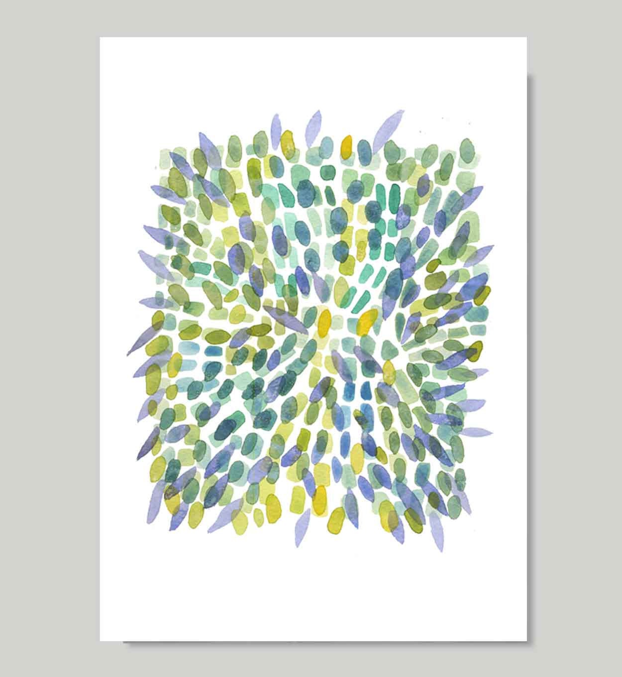 Explosion Spring print from original watercolor painting - reproduction green blue yellow petals - LouiseArtStudio