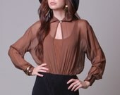Vintage Bodysuit - A'nue Ligne Designer Blouse - One Piece Lace Bottom Chiffon Blouse - Small