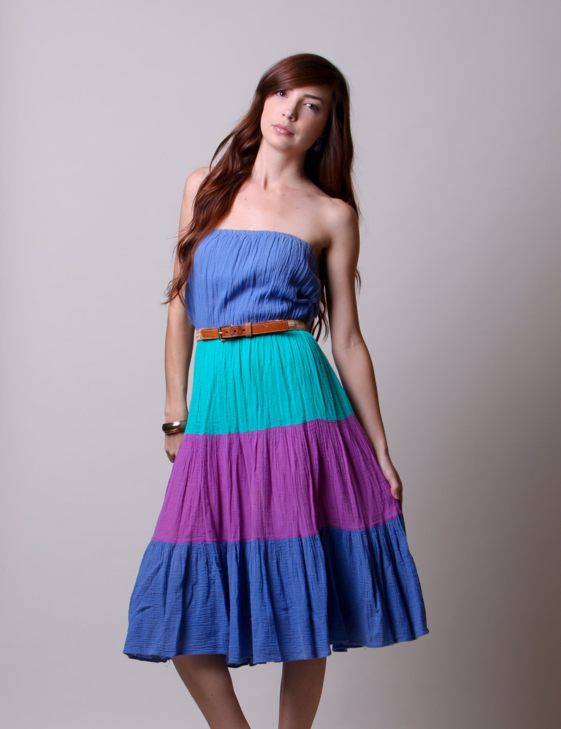 70s Dress - Vintage Strapless Strapless Dress - High Waisted Tube Top Dress - Boho Hippie - Small Medium