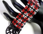 Scottish Plaid Tartan Beaded Loom Bracelet in Red and Black - MegansBeadedDesigns