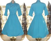 Vintage 80s 50s Atomic Turquoise Rockabilly Lucy Dress M/ L Shirt Waist Full Swing