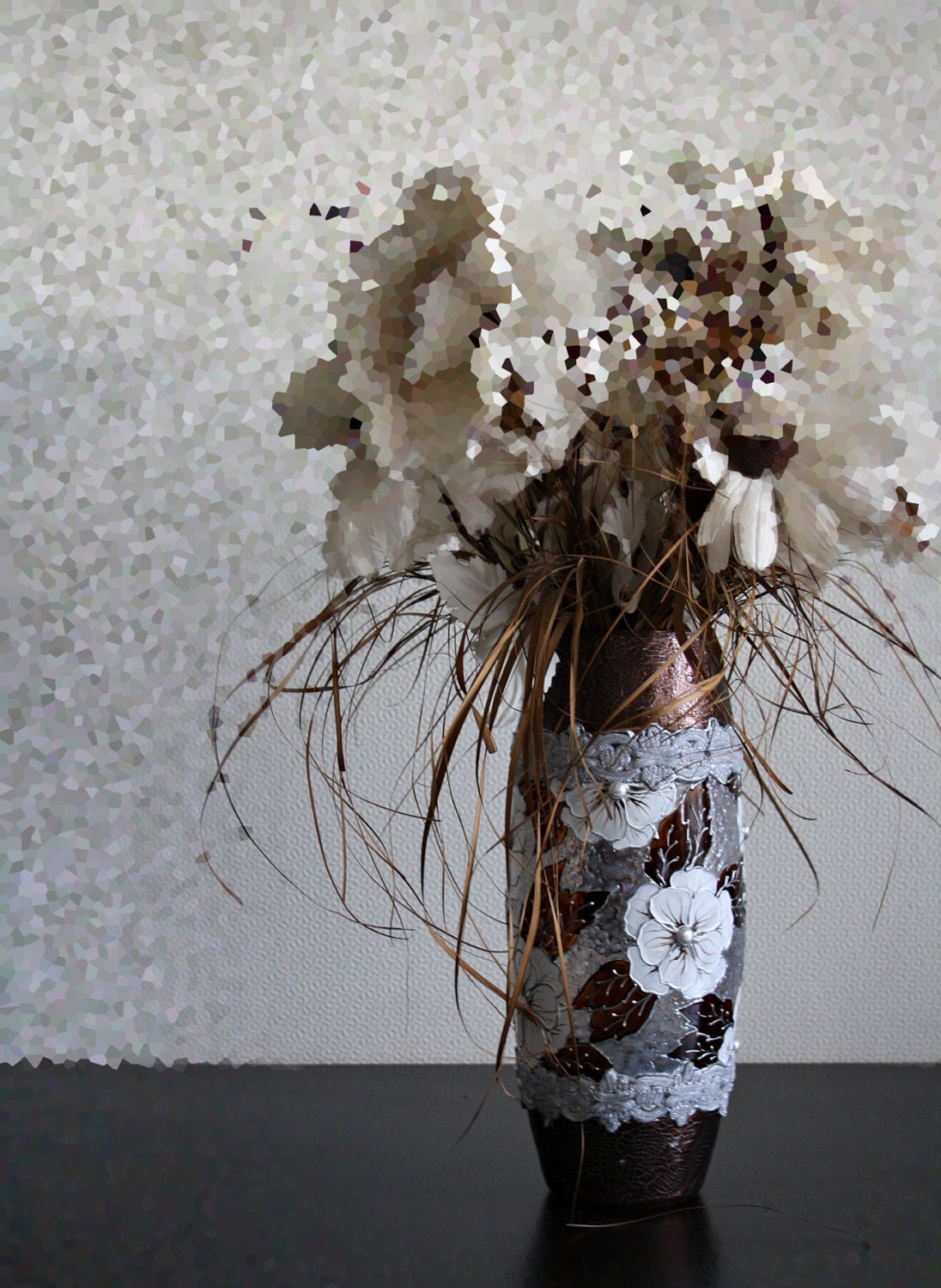 Hand Painted Glass Vase Brown Silver White Floral Design Svarovski pearls Rustic Decor