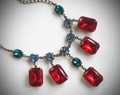 Poppy Red and Aqua Rhinestone Statement Necklace, Cruise, Bride, Custom