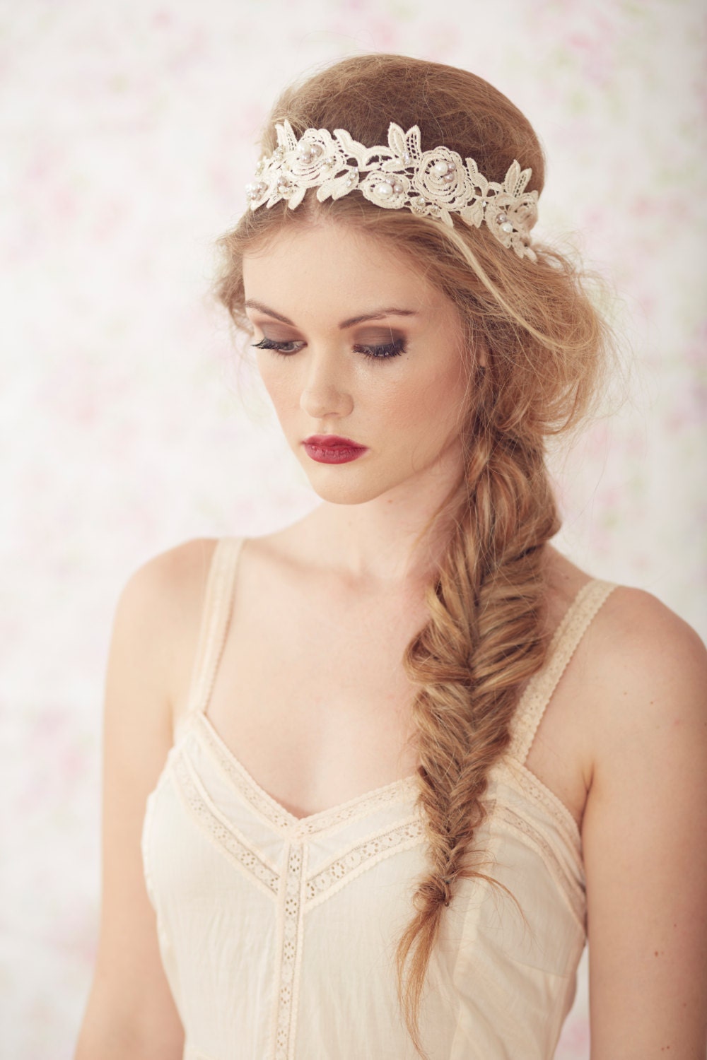 Ariel   Light  Blush  Flower Headband Lace Bridal