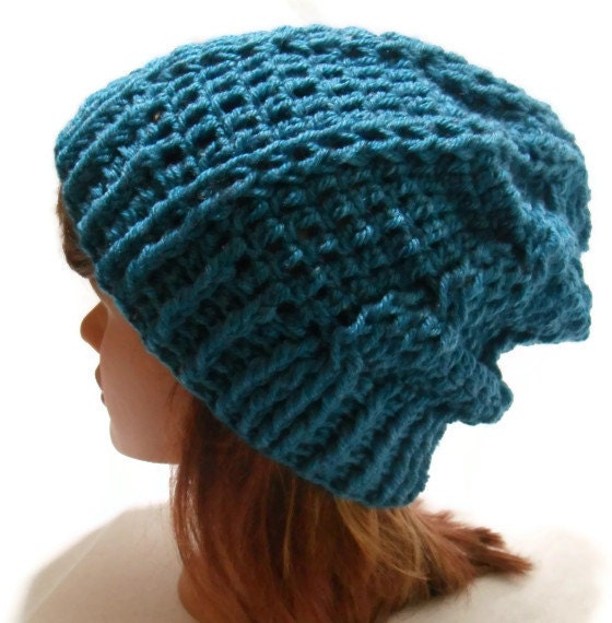 Crochet Cabled Slouchy Beanie Hat in Peacock Blue Wool