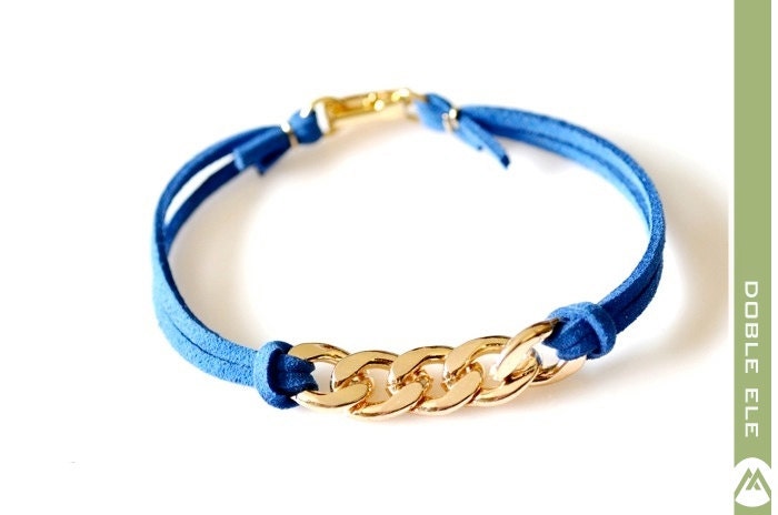 Gold Chain Suede Leather Bracelet - Blue