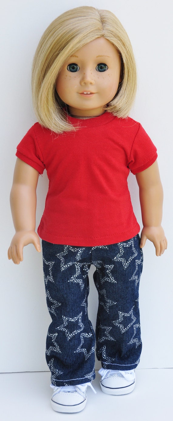 American Girl Clothes - Red Tshirt with Silver Star Jeans