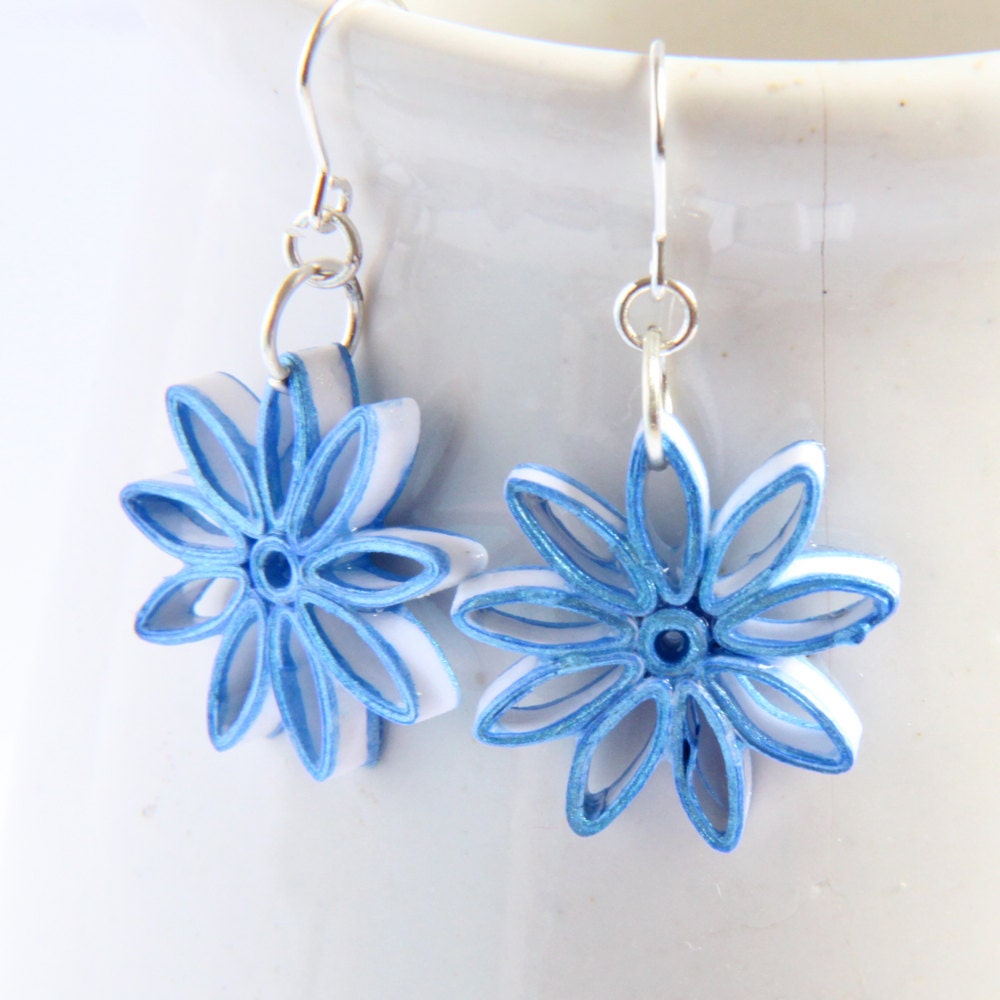 Nine Pointed Star Earrings White with Metallic Blue Paper Quilling bridesmaid gift Eco Friendly Earrings / Artisan Jewelry