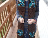 Blue and Brown Crochet Square Style Scarf
