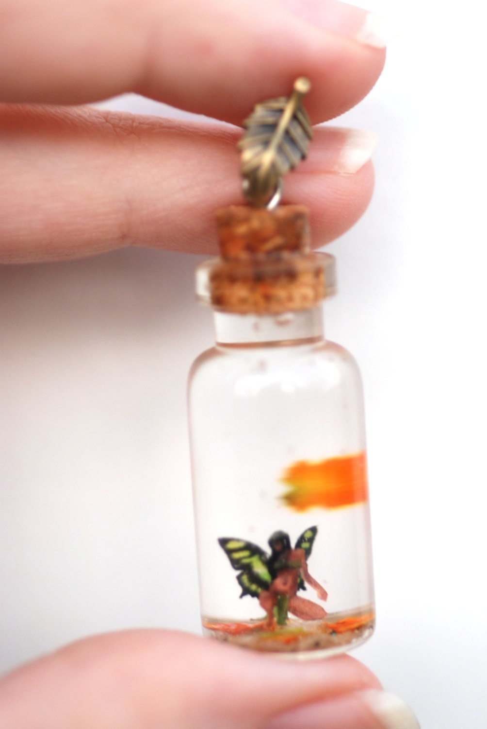 Tiny Fairy and autumn leaves in a bottle pendant with necklace