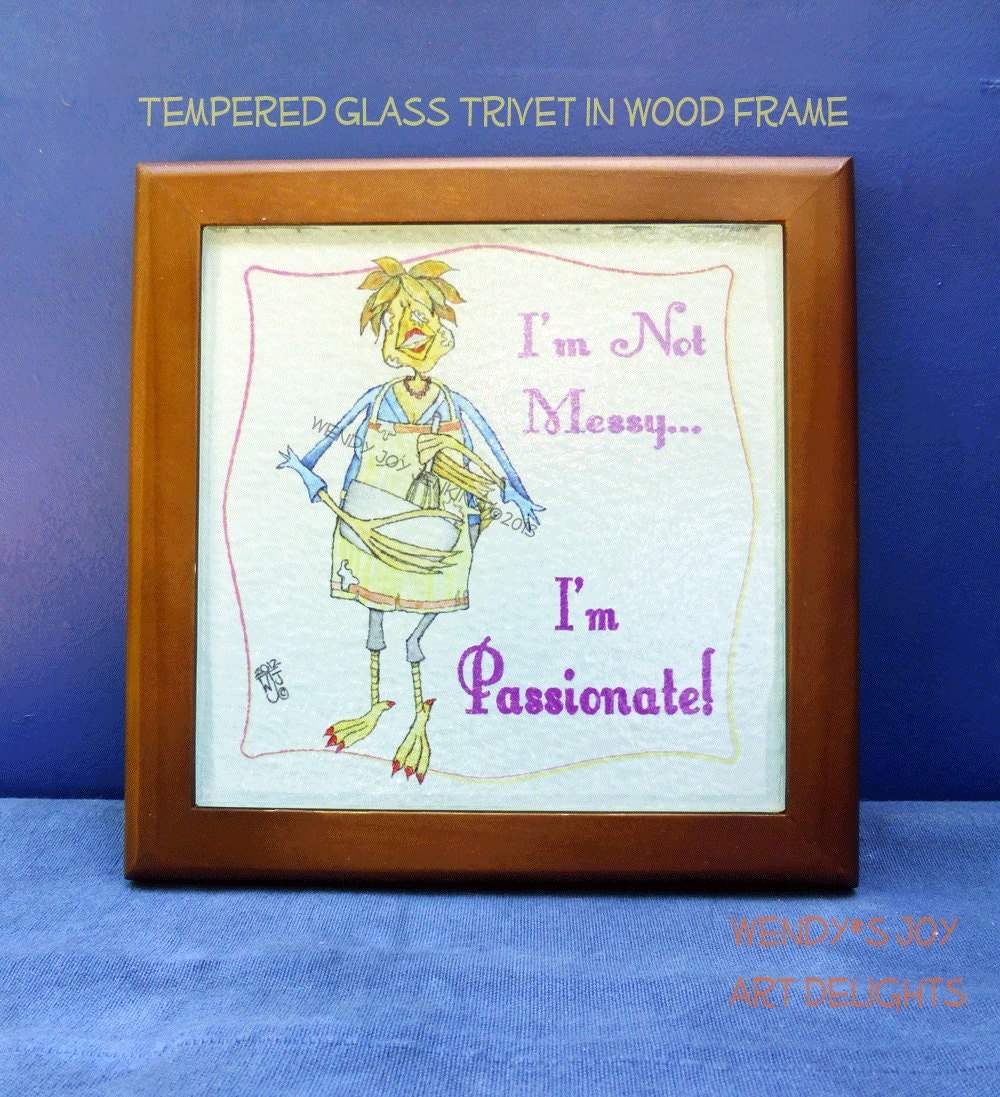 Trivet Glass Wood Passionate Messy Cook Funny Kitchen Decor 7.5" square