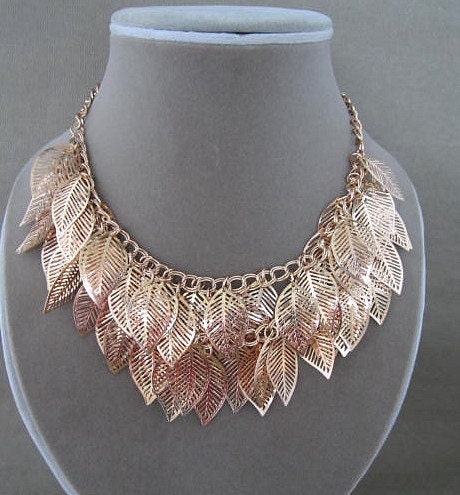 Vintage Metal Leaf Charms Bib Statement Necklace
