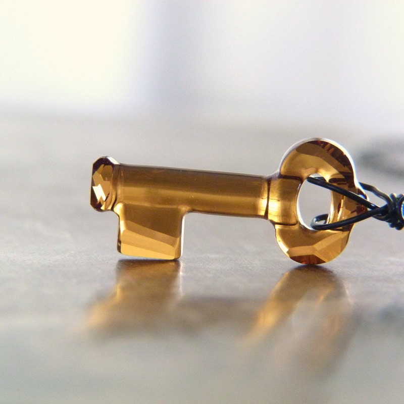Crystal Key Necklace - Key To Open The Forest - Amber Swarovski Crystal Pendant Necklace