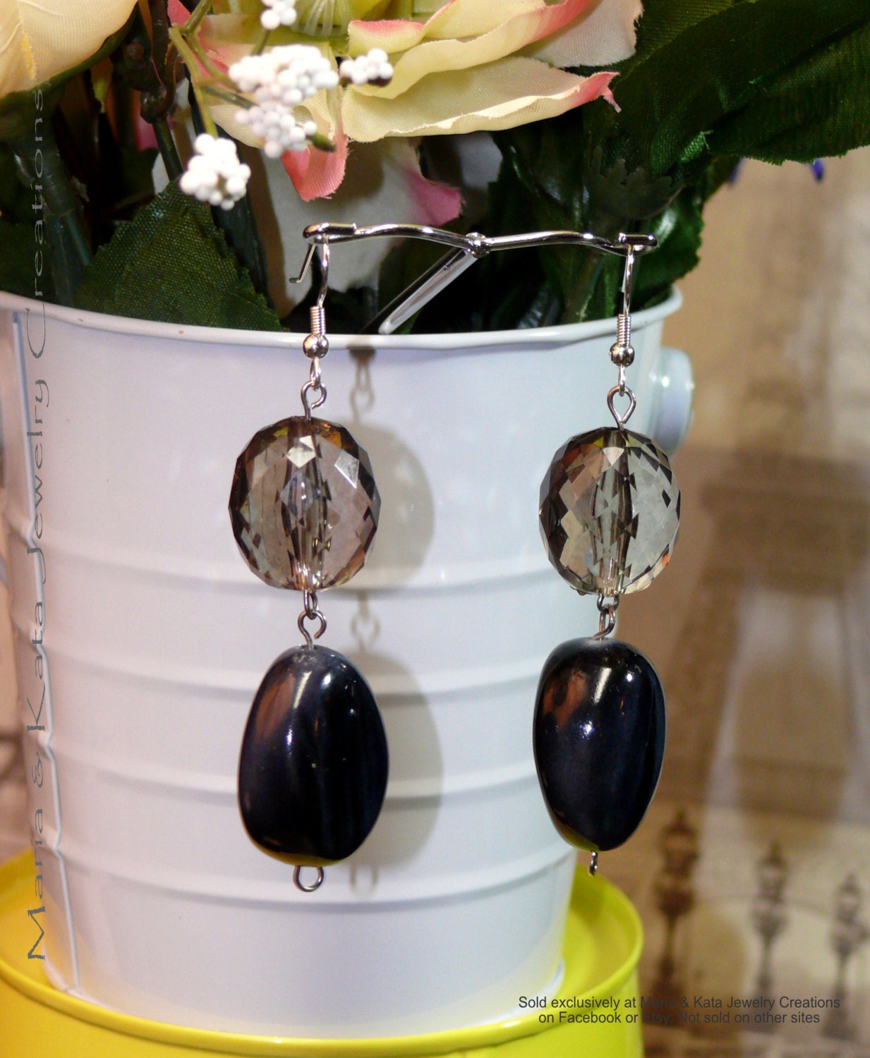 Light smokey grey w/ dark blue earrings