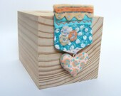 peach and turquoise heart medal - marine blue , rose pink and coral - clay and fabric brooch - wearable art -one of a kind