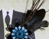 Metal Flower Boutonnieres Brooches Corsages Black Turquoise Peacock Flues Coque Tail Feathers