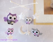 Baby Mobile - Owl Mobile - Handmade Felt Mobile - Nursery Decor - Berry Violet Purple Gray Big Eyes Cute Owls (Custom color available)