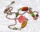 Peach Lime Amber and Copper Bead and Chain Necklace - fall autumn earthy bohemian jewelry