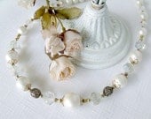 Vintage Beads Upcycled - White Pearls and Crystal Necklace