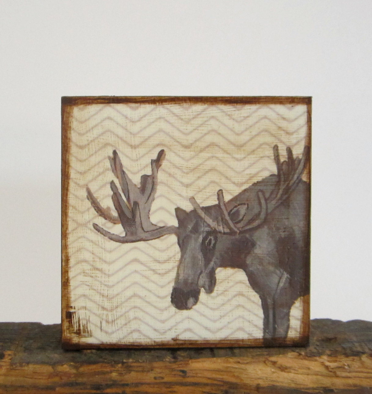 Rustic Art Block l Moose Chevron Gray l 5x5 wood block  forest woodland geometric gray redtilestudio
