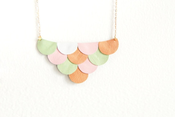 LAST ONE - Leather Scallop Petals Necklace - Pastel Spring Garden - Made to Order