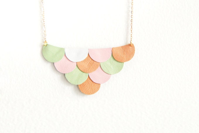 LAST ONE - Leather Scallop Petals Necklace - Pastel Spring Garden - Made to Order