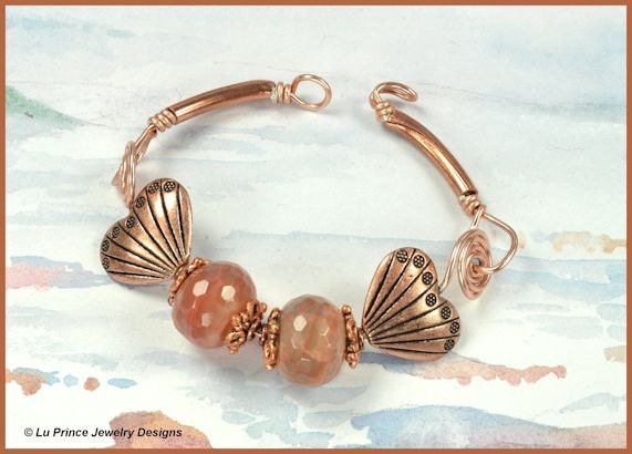 Etched Hearts and Chalcedony Hand Made Copper Bracelet