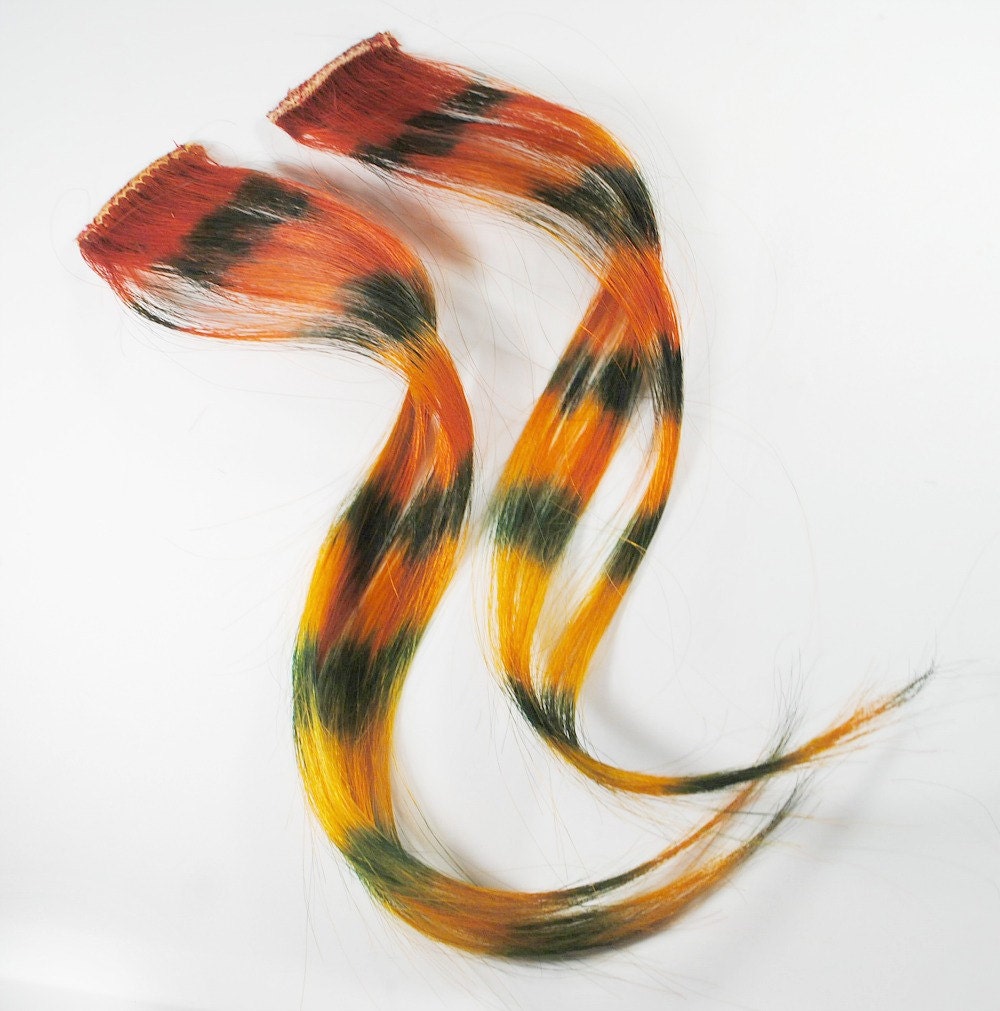 Wild Tiger / Human Hair Extension / Orange Black / Long Tie Dye Colored Hair