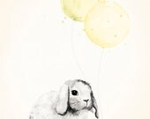 Yellow Nursery Art Decor -  8x10 Print for Baby Boy or Girl, Watercolour Illustration of Bunny Rabbit and Balloons