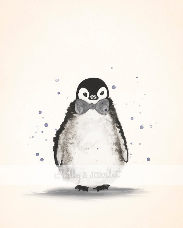 Nursery Art Print of Baby Penguin, Grey or Neutral Theme Nursery Decor - 8x10 Watercolor Painting for boys or girls roo