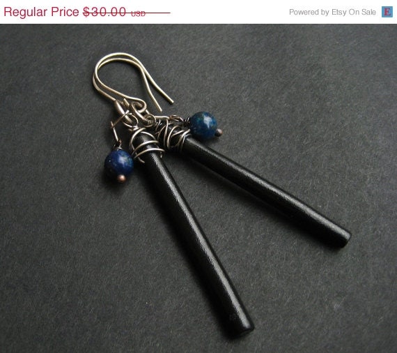 50off SALE FREE SHIPPING Wood Stick Earrings With Lapis Mixed Metal Jewelry