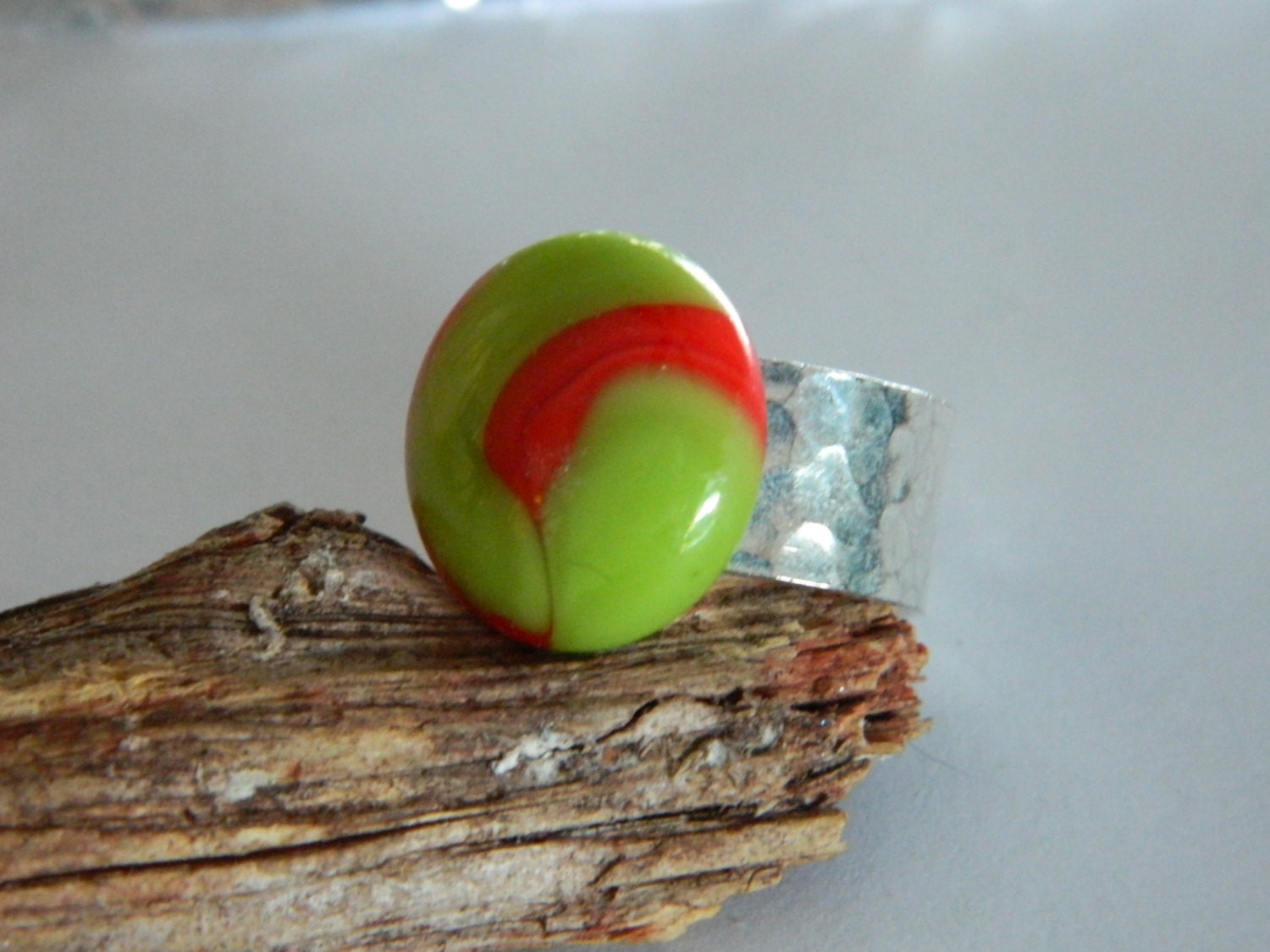 Fused Glass Lime Green and Red Cocktail Ring