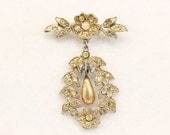 Vintage Rhinestone Brooch with Hanging Pearl