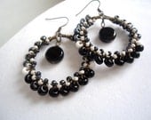 Beaded Hoop Earrings, Wire Wrapped Hoop Earrings, Bohemian Earrings, Boho Hoops, Black Earrings