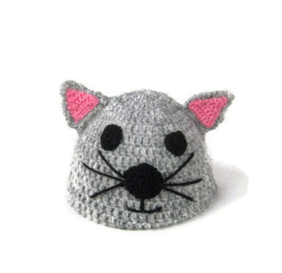 Cat hat crochet cat beanie novelty childs cute animal hat in gray for children aged 3 - 10 years