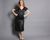 40s Polka DOT Black SILK DRESS / Ruffle Detail, Butterfly Sleeves & Pleats, m