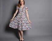30s ORCHARD Trees & People DRESS / Cotton NOVELTY Print Feedsack, xs - s