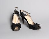50s Black SLINGBACK HEELS / Peeptoe & Bow Suede, size 7