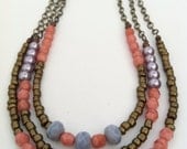 Handmade Brass Multi Strand Chain And Beads Necklace With Hues Of Pink And Purple