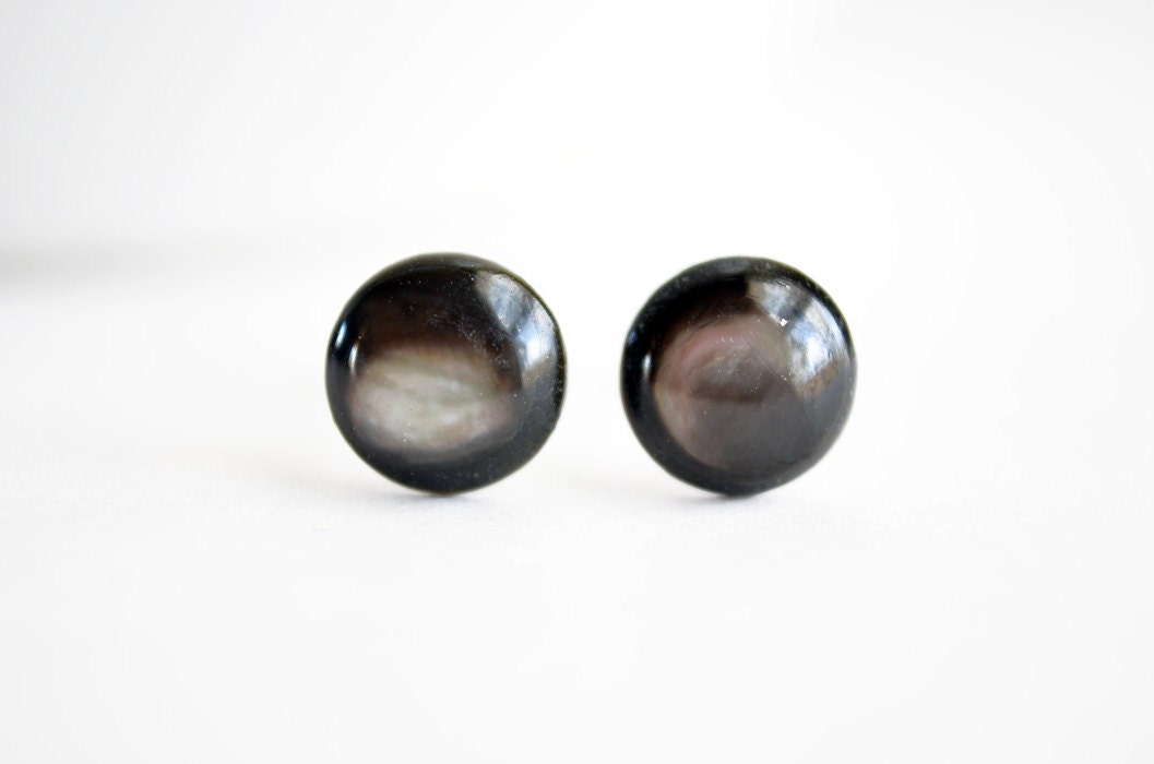 Black Pearl Stud Earrings. Black Mother of Pearl. Grey Mother of Pearl Post Earrings