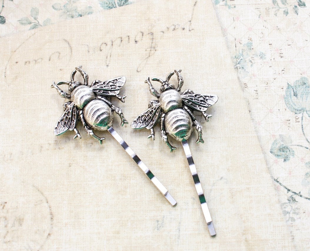 Bee Bobby Pins, Silver Honey Bees, Bumblebee Grey, Woodland Wedding, Insect, Pair of Hair Pins, Nature Garden, Nature, Forest